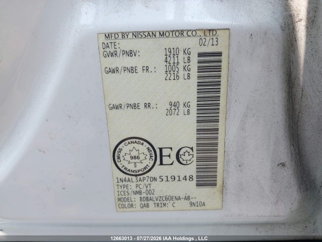 Продаж на аукціоні авто 2013 Nissan Altima 2.5/2.5 S/2.5 Sl/2.5 Sv, vin: 1N4AL3AP7DN519148, номер лоту: 12663013