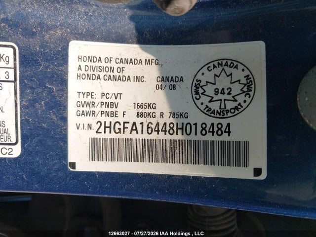 Продажа на аукционе авто 2008 Honda Civic, vin: 2HGFA16448H018484, номер лота: 12663027