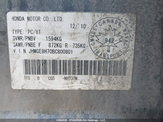 Продаж на аукціоні авто 2011 Honda Fit, vin: JHMGE8H70BC800801, номер лоту: 12663028