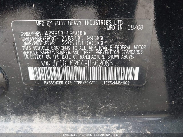 Продаж на аукціоні авто 2009 Subaru Impreza 2.5 I/2.5 I Sport Package, vin: JF1GE62649H502065, номер лоту: 12663031