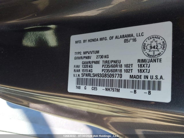 12663032 :رقم المزاد ، 5FNRL5H93GB509770 vin ، 2016 Honda Odyssey Touring مزاد بيع