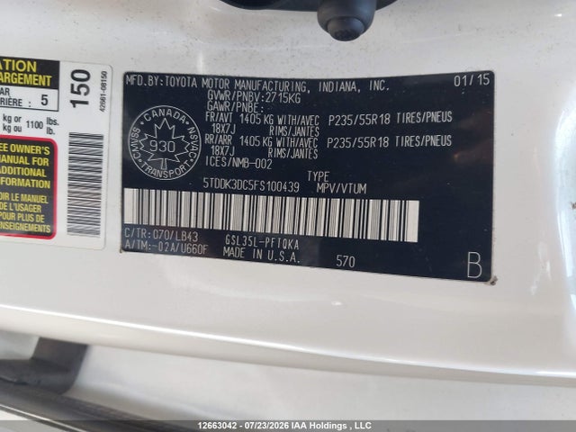 5TDDK3DC5FS100439 Toyota Sienna Xle/limited