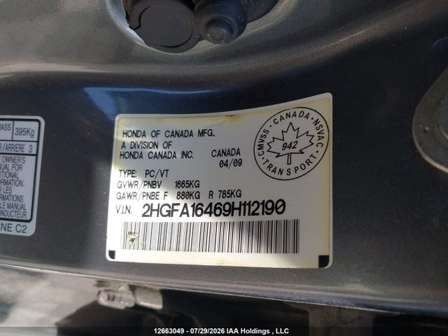 12663049 :رقم المزاد ، 2HGFA16469H112190 vin ، 2009 Honda Civic مزاد بيع
