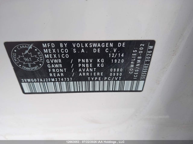 2015 Volkswagen Jetta Sel მანქანა იყიდება აუქციონზე, vin: 3VWG07AJ2FM274737, აუქციონის ნომერი: 12663053