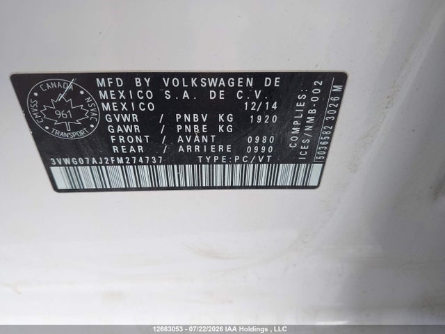 2015 Volkswagen Jetta Sel მანქანა იყიდება აუქციონზე, vin: 3VWG07AJ2FM274737, აუქციონის ნომერი: 12663053