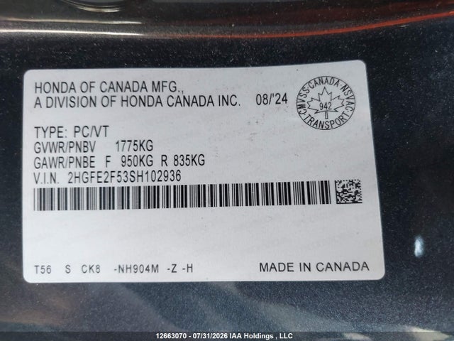 Aukcja sprzedaży 2025 Honda Civic Sport, vin: 2HGFE2F53SH102936, numer aukcji: 12663070