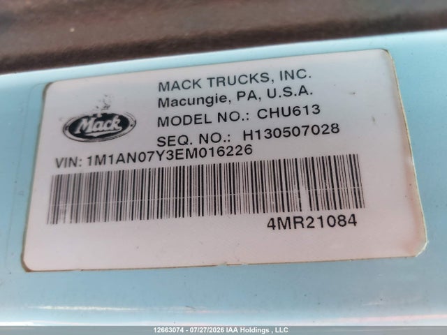 Продаж на аукціоні авто 2014 Mack 600 Chu, vin: 1M1AN07Y3EM016226, номер лоту: 12663074