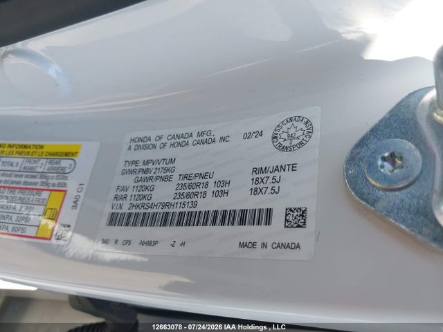2024 Honda Cr-v Ex-l მანქანა იყიდება აუქციონზე, vin: 2HKRS4H79RH115139, აუქციონის ნომერი: 12663078
