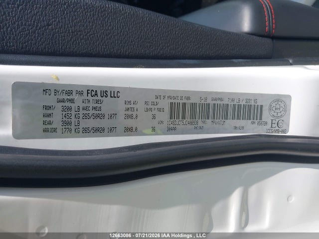 12663086 :رقم المزاد ، 1C4SDJCT5JC408938 vin ، 2018 Dodge Durango R/t مزاد بيع