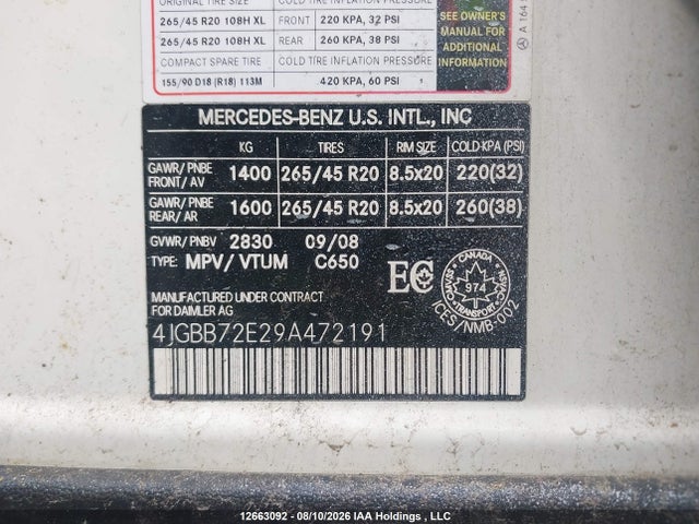 Aukcja sprzedaży 2009 Mercedes-benz Ml 550, vin: 4JGBB72E29A472191, numer aukcji: 12663092