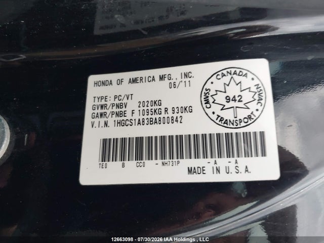 12663098 :رقم المزاد ، 1HGCS1A83BA800842 vin ، 2011 Honda Accord Exl مزاد بيع