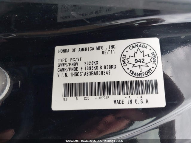 12663098 :رقم المزاد ، 1HGCS1A83BA800842 vin ، 2011 Honda Accord Exl مزاد بيع