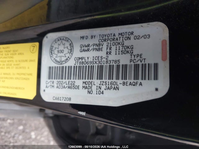 Auction sale of the 2003 Lexus Gs 300, vin: JT8BD69SX30183785, lot number: 12663099