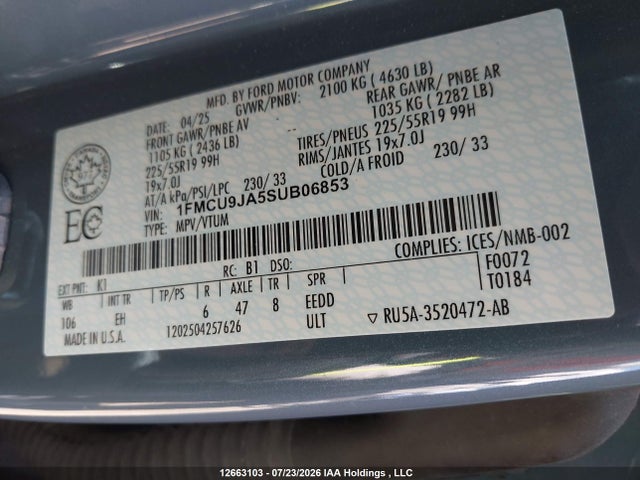 Продажа на аукционе авто 2025 Ford Escape Platinum, vin: 1FMCU9JA5SUB06853, номер лота: 12663103