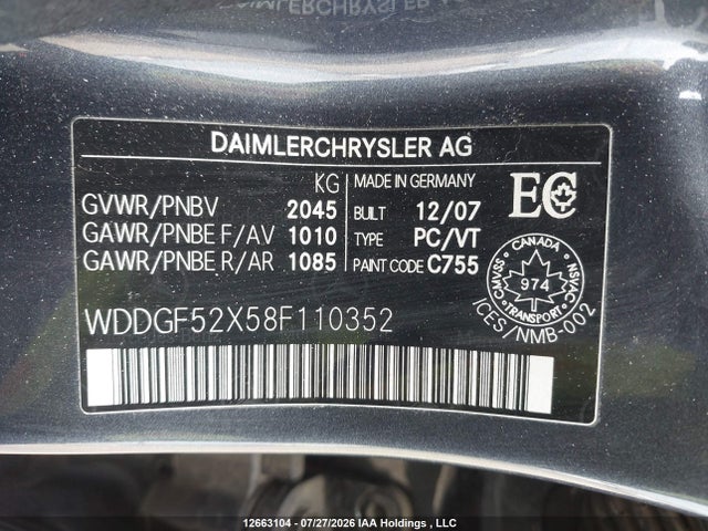 Auction sale of the 2008 Mercedes-benz C 230, vin: WDDGF52X58F110352, lot number: 12663104