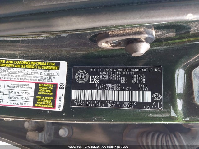 12663105 :رقم المزاد ، 2T1LE4EE7BC019177 vin ، 2011 Toyota Corolla Matrix S مزاد بيع