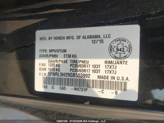 5FNRL5H29GB503992 Honda ODYSSEY LX