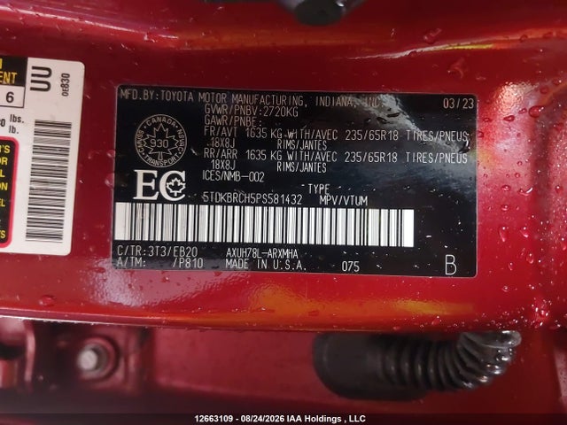12663109 :رقم المزاد ، 5TDKBRCH5PS581432 vin ، 2023 Toyota Highlander Hybrid Hybrid مزاد بيع
