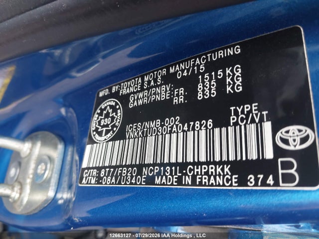 12663127 :رقم المزاد ، VNKKTUD30FA047826 vin ، 2015 Toyota Yaris مزاد بيع