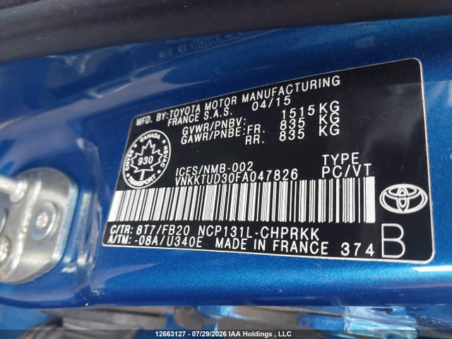 12663127 :رقم المزاد ، VNKKTUD30FA047826 vin ، 2015 Toyota Yaris مزاد بيع