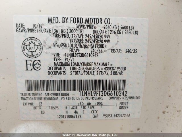 Продаж на аукціоні авто 2013 Lincoln Mks Ecoboost, vin: 1LNHL9FT3DG610242, номер лоту: 12663131