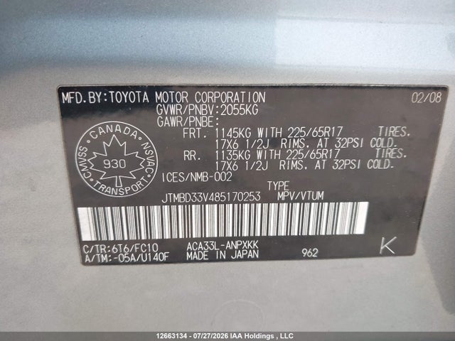 Продаж на аукціоні авто 2008 Toyota Rav4, vin: JTMBD33V485170253, номер лоту: 12663134
