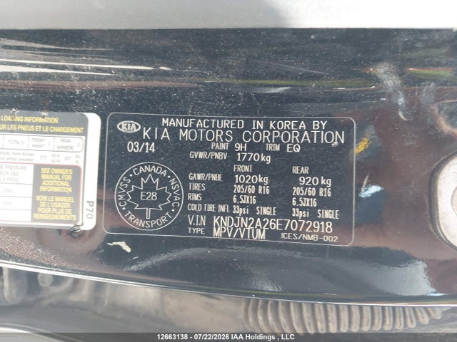 12663138 :رقم المزاد ، KNDJN2A26E7072918 vin ، 2014 Kia Soul Lx/lx+ مزاد بيع