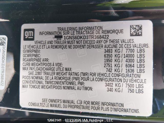 Продаж на аукціоні авто 2026 Chevrolet Suburban K1500 Z71, vin: 1GNS6DKD3TR368422, номер лоту: 12663141