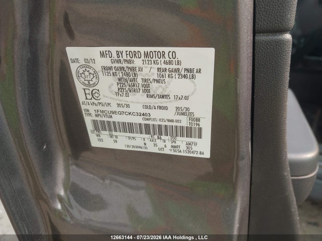 2012 Ford Escape Limited მანქანა იყიდება აუქციონზე, vin: 1FMCU9EG7CKC32403, აუქციონის ნომერი: 12663144