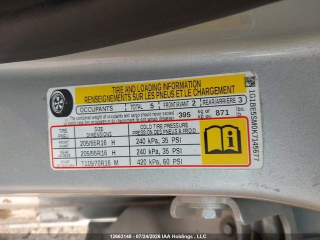 Продажа на аукционе авто 2019 Chevrolet Cruze Lt, vin: 1G1BE5SM0K7145677, номер лота: 12663148