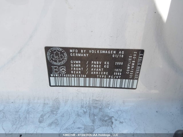 Продажа на аукционе авто 2016 Volkswagen Golf R 2.0 Tsi, vin: WVWLF7AU6GW219784, номер лота: 12663149