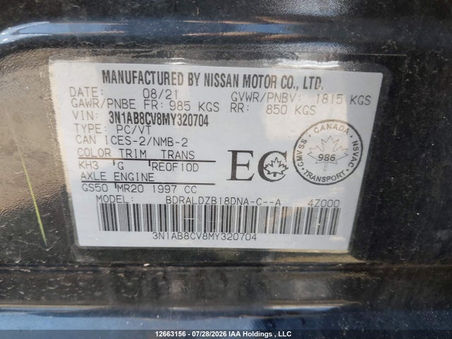 12663156 :رقم المزاد ، 3N1AB8CV8MY320704 vin ، 2021 Nissan Sentra Sv مزاد بيع