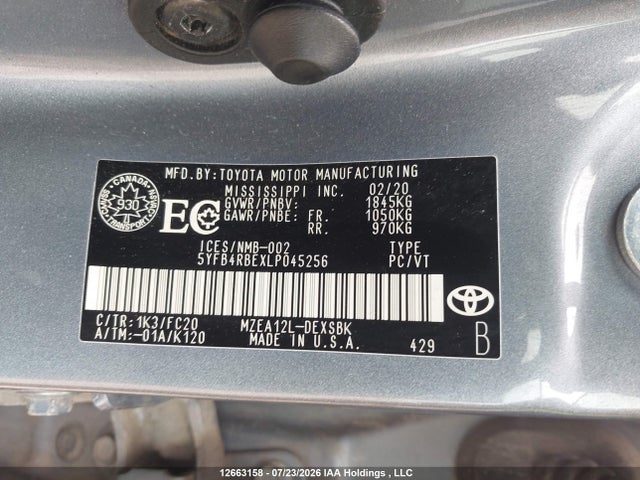 12663158 :رقم المزاد ، 5YFB4RBEXLP045256 vin ، 2020 Toyota Corolla Se مزاد بيع