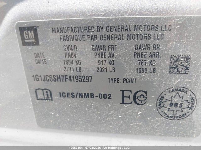 Aukcja sprzedaży 2015 Chevrolet Sonic Lt Auto/lt Manual, vin: 1G1JC6SH7F4195297, numer aukcji: 12663164