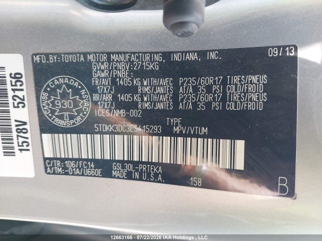 Продаж на аукціоні авто 2014 Toyota Sienna, vin: 5TDKK3DC3ES415293, номер лоту: 12663166