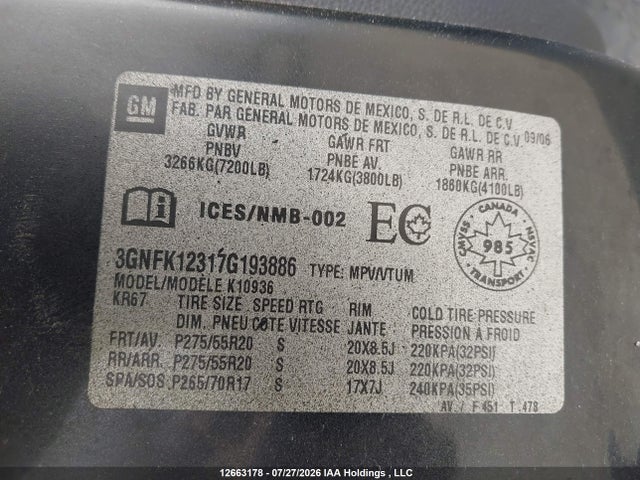Aukcja sprzedaży 2007 Chevrolet Avalanche K1500, vin: 3GNFK12317G193886, numer aukcji: 12663178