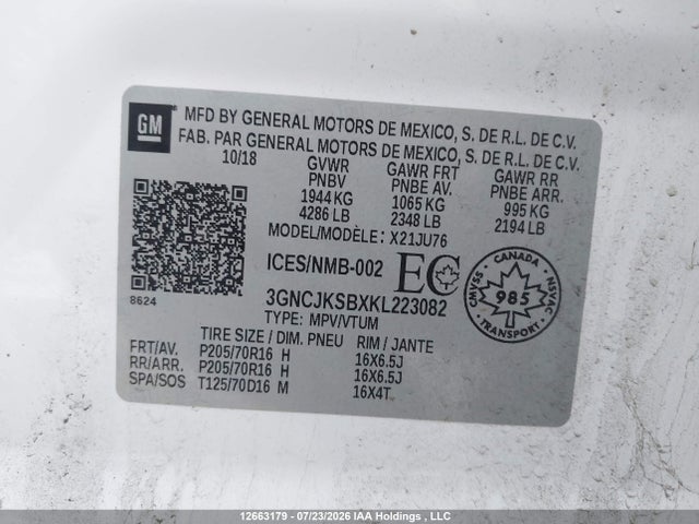 12663179 :رقم المزاد ، 3GNCJKSBXKL223082 vin ، 2019 Chevrolet Trax Ls مزاد بيع