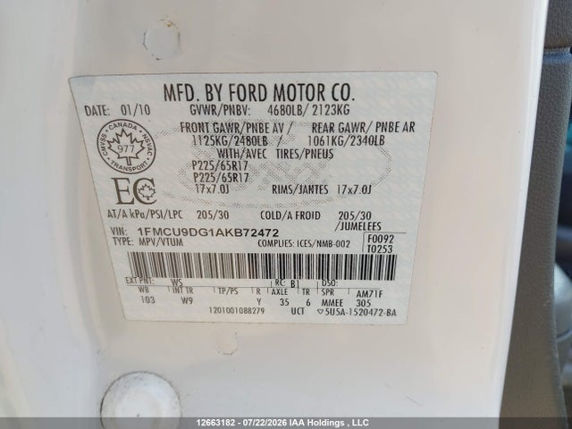 Aukcja sprzedaży 2010 Ford Escape Xlt, vin: 1FMCU9DG1AKB72472, numer aukcji: 12663182