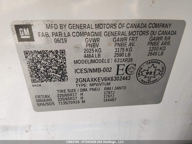 2GNAXKEV6K6302443 Chevrolet EQUINOX LT