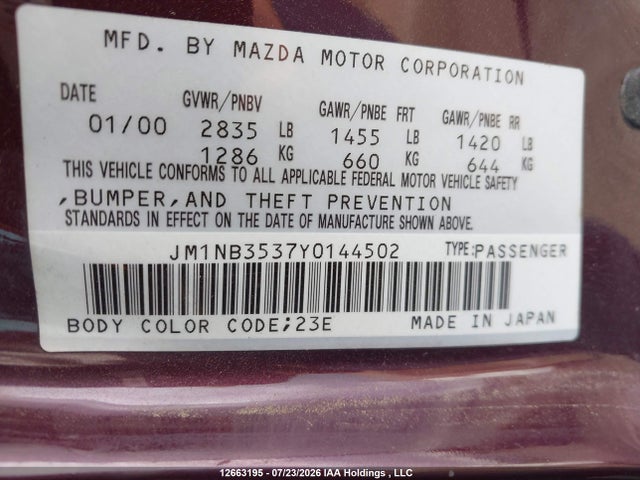 12663195 :رقم المزاد ، JM1NB3537Y0144502 vin ، 2000 Mazda Mx-5 Miata مزاد بيع