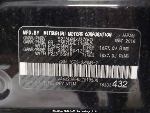 Продажа на аукционе авто 2018 Mitsubishi Outlander Phev, vin: JA4J24A58JZ618500, номер лота: 12663196