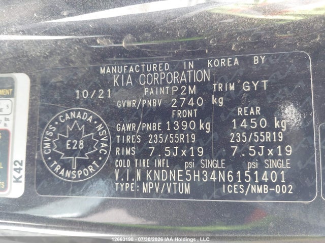 Продажа на аукционе авто 2022 Kia Carnival Sx, vin: KNDNE5H34N6151401, номер лота: 12663198