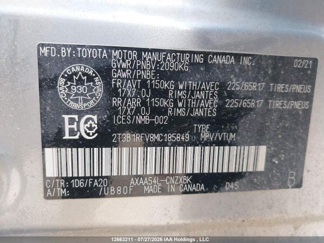 2T3B1RFV8MC185849 Toyota RAV4