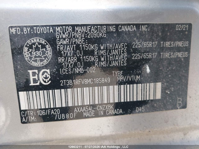 2T3B1RFV8MC185849 Toyota RAV4