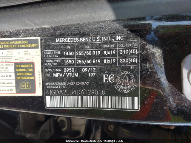 12663212 :رقم المزاد ، 4JGDA2EB4DA129018 vin ، 2013 Mercedes-benz Ml 350 Bluetec مزاد بيع