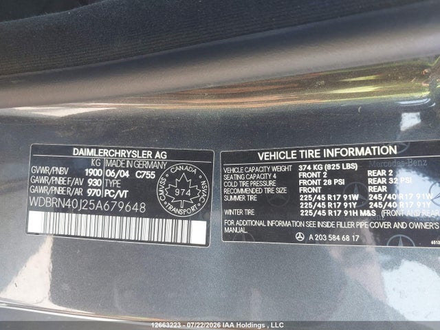 12663223 :رقم المزاد ، WDBRN40J25A679648 vin ، 2005 Mercedes-benz C 230 Kompressor Sport مزاد بيع
