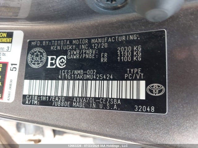 Aukcja sprzedaży 2021 Toyota Camry Se, vin: 4T1G11AK0MU425424, numer aukcji: 12663226