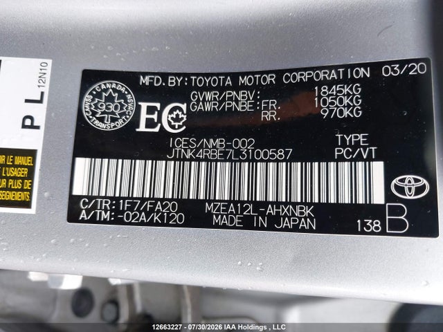 Toyota Corolla 2020 JTNK4RBE7L3100587 Image 9