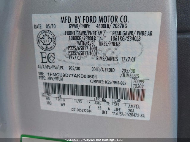 2010 Ford Escape Xlt მანქანა იყიდება აუქციონზე, vin: 1FMCU9D77AKD03601, აუქციონის ნომერი: 12663235