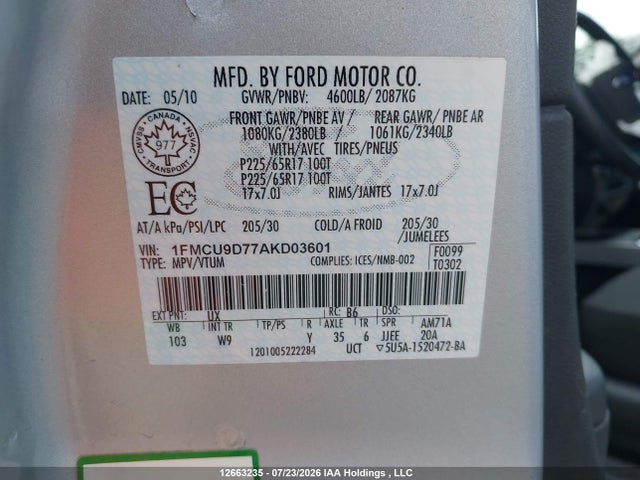 2010 Ford Escape Xlt მანქანა იყიდება აუქციონზე, vin: 1FMCU9D77AKD03601, აუქციონის ნომერი: 12663235